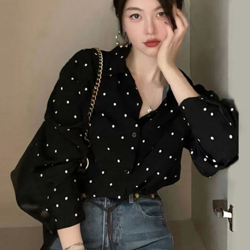 Autumn New Retro Elegant Polka Dot Design Loose Casual Long Sleeved Shirt Fashionable Temperament Original Design Women\'s Top