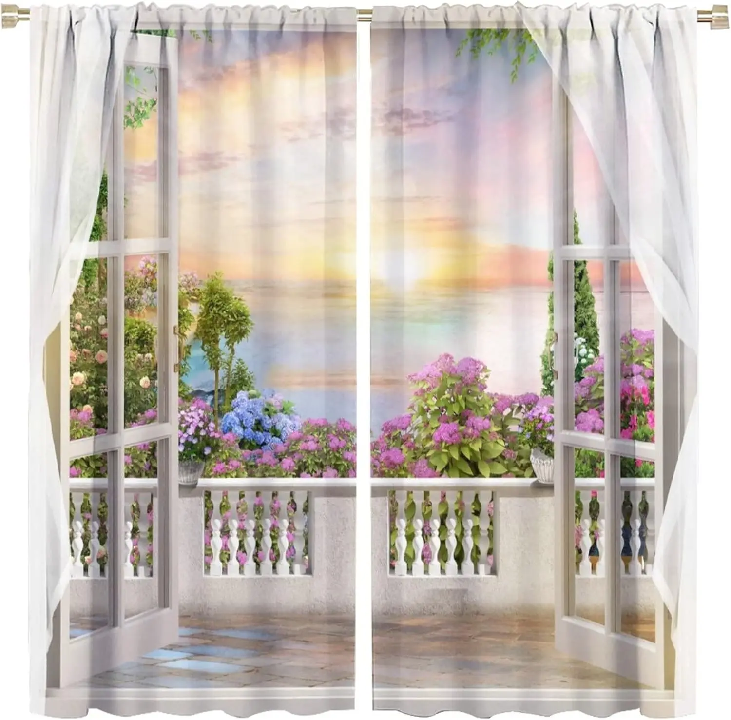 Nature Landscape Curtains Garden Beautiful Sunset Ocean Scenery Rod Pocket Blackout Window Drapes 2Panels Set for Bedroom Living