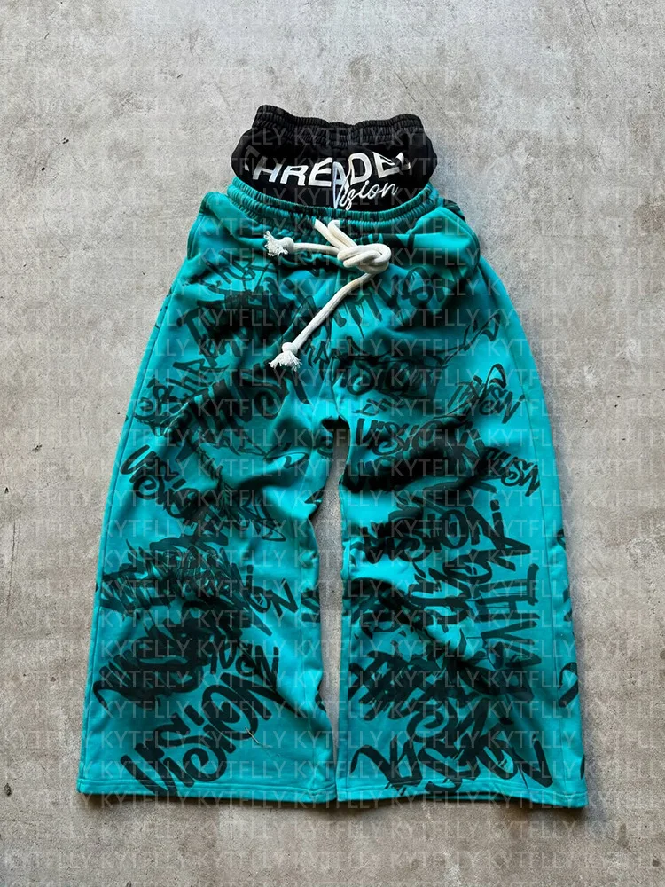 

Новинка 2024 года, уличная одежда, двухслойные спортивные штаны в стиле ретро, популярные широкие брюки с принтом и сращенным поясом, повседневные модные брюки