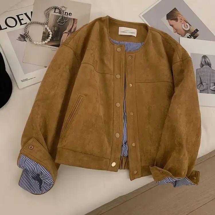 Suede Short Jacket Women Korean Camel Fashion Long Sleeve Flight Suit Harajuku Single Breasted Loose Tops Female Vintage Coats