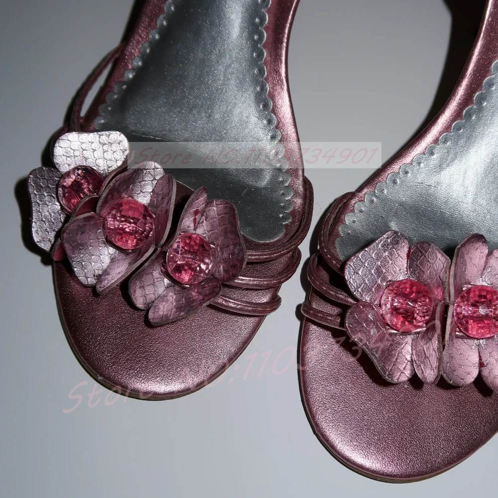Metallic Flowers Crystal Stamens Sandals Women Pink Open Toe Ankle Strap High Heels Sandals Ladies Fashion Party Dress Shoes view 3