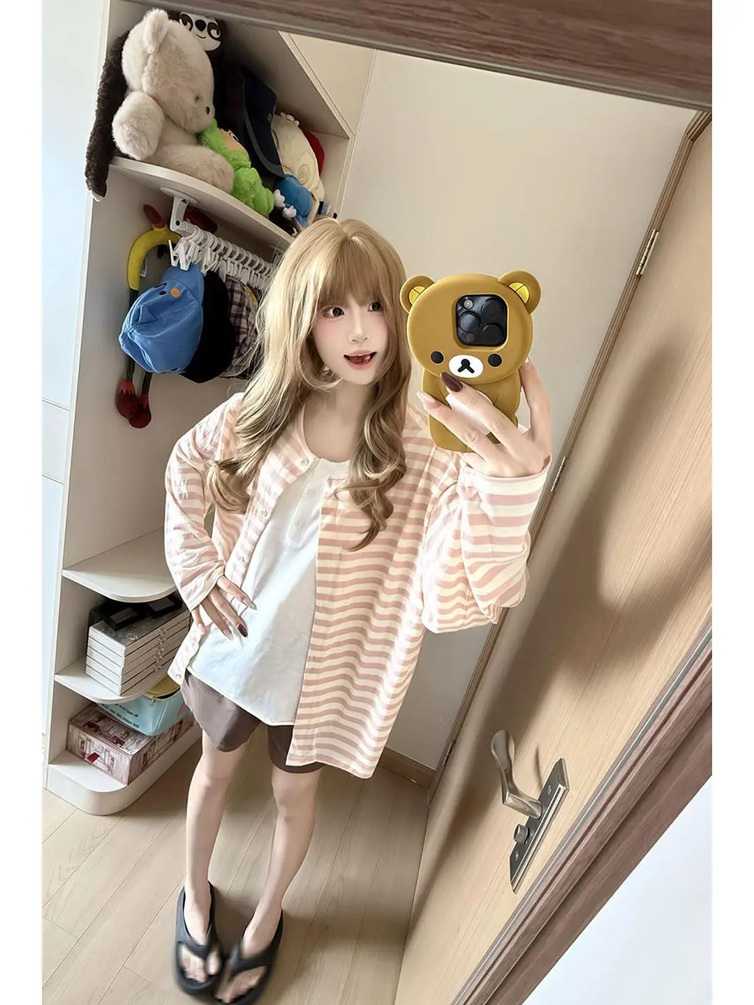 Pink Striped Summer Lightweight Loose Sleeveless Cardigan Women's Outerwear with Strap Long Sleeve Top Sun Protection Coat