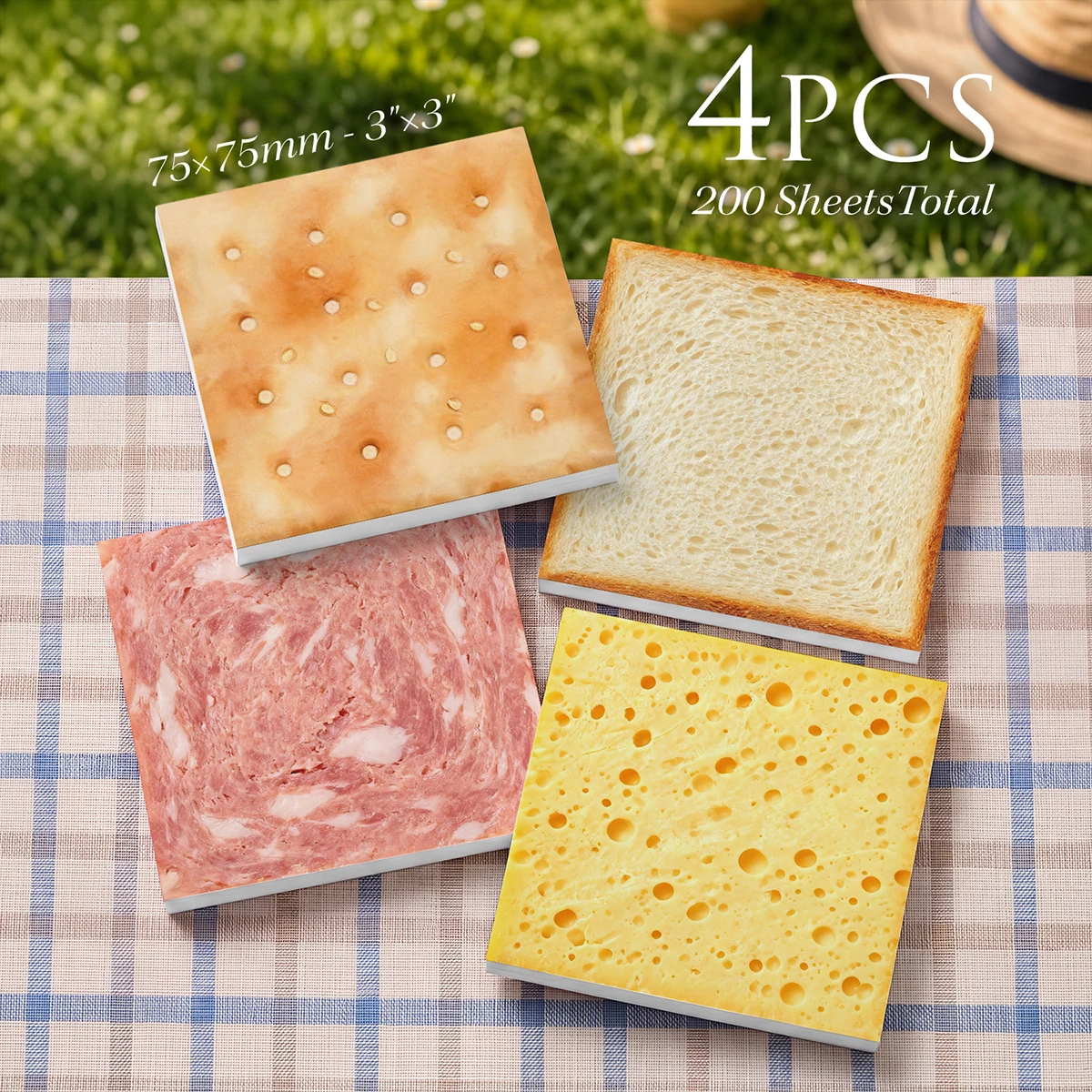 4PCS Food Theme Self Adhesive Sticky Notes 200 Sheets Bread Cheese Sausage Cracker Memo Pads Funny Office Stationery