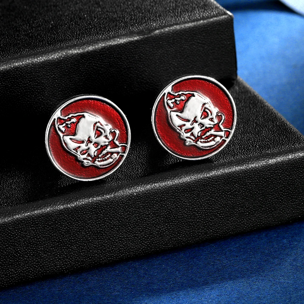 Punk Mens Creepy Horror Smoking Skull Round Cufflinks Red Ghost Design Sleeve Button
