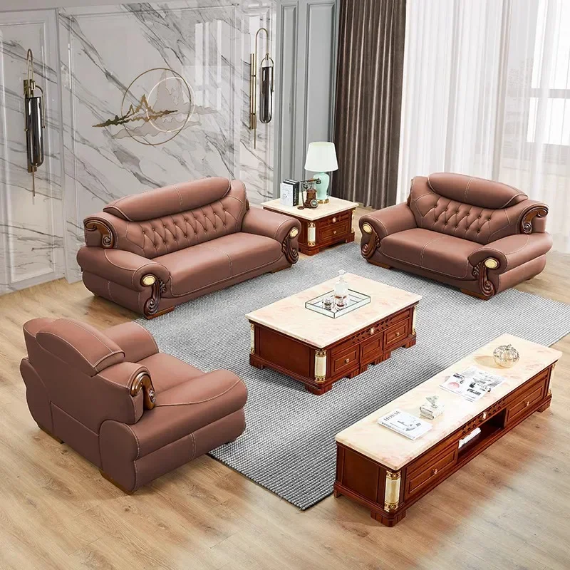 European sofa head layer thickened cowhide high-grade luxury large living room leather solid wood leather sofa