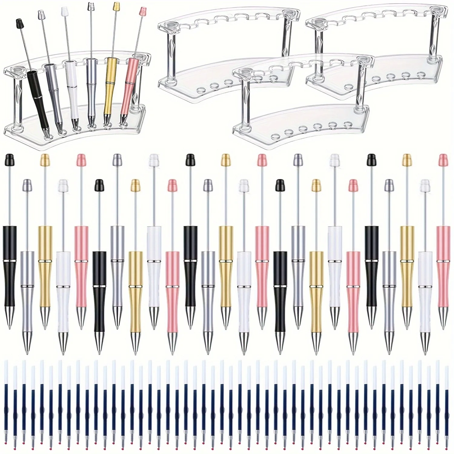 

78 pcs Ballpoint Pen Set for Office Gifts, 25 Beadable Pens, 50 Refills, 3 Plastic Pen Display Rack, Essential Office Supplies