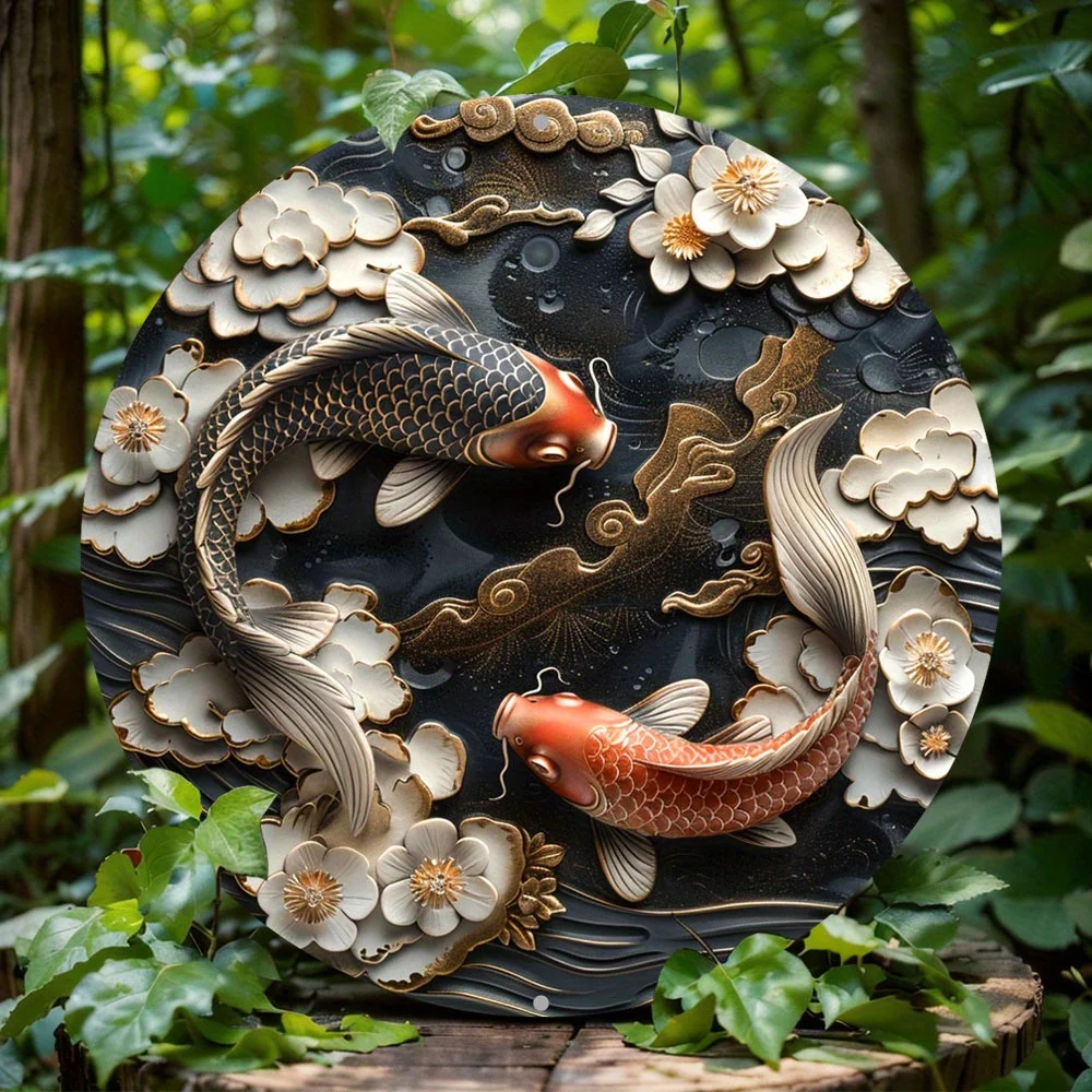 

Gothic Carp Themed Round Aluminum Flat Sign, Art Deco Style Metal Wall Art Decor, Unique Home Door Decoration, Holiday Gift Idea