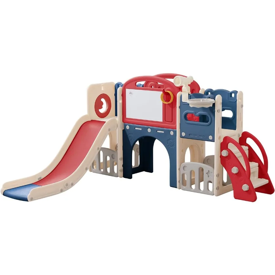 

11 in 1 Toddler Playset with Telescope Playground for Ages 1-3 Red Indoor Outdoor Climber Slide Basketball Hoop Tunnel Crawl To