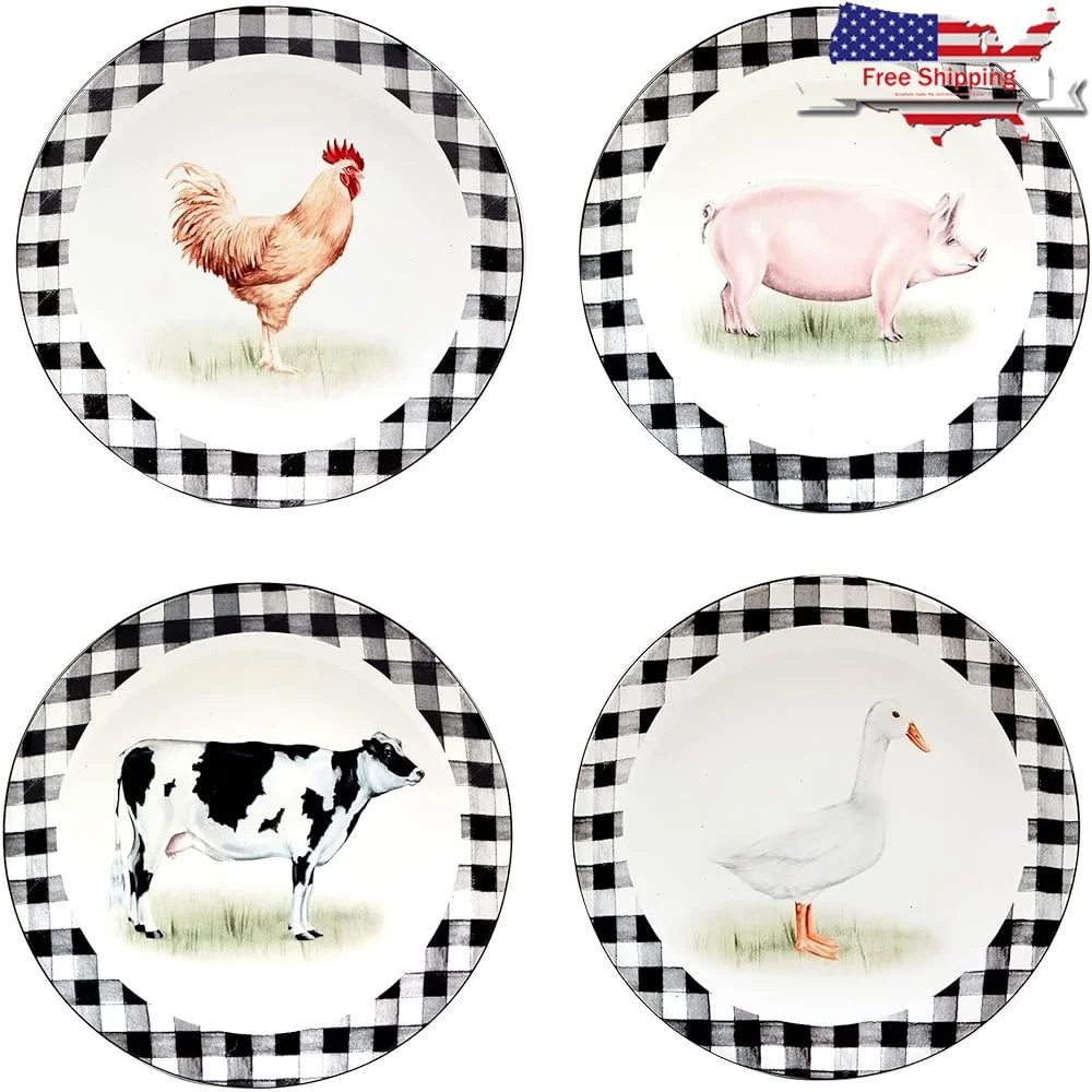 

Durable Earthenware Salad Dessert Plates Set of 4 Colorful Farm Animal Design Casual Dining Dishwasher Microwave Safe Ideal