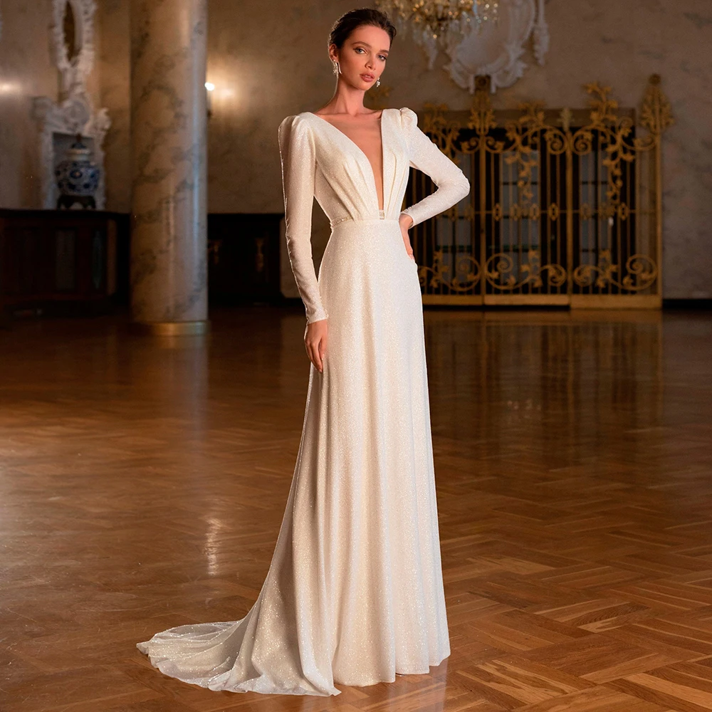 Elegant Women Wedding Dress Customized Long Sleeves Sparkly Tulle Deep V-neck Bridal Gowns with Beading Sashes Sweep Train