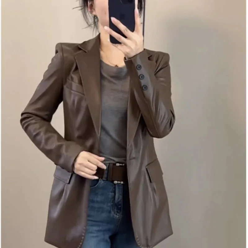 

High End Coffee Leather Jacket for Women Motorcycle Coat 2026 New Spring Autumn Fashion Slim PU Leather Suit Jacket