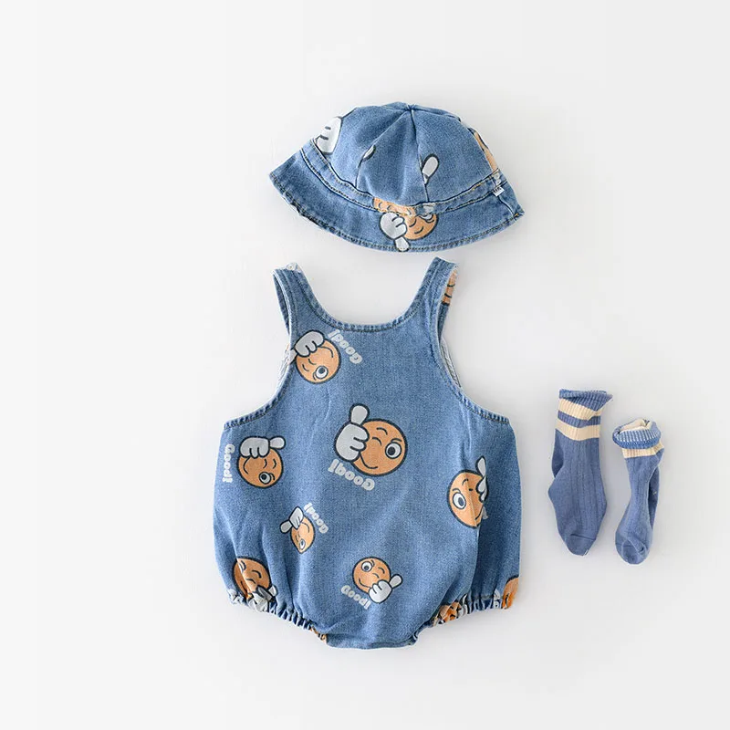 2PCS Summer Kids Baby Denim Bodysuit and Caps Suits One Piece Unisex Infant Boys Girls Soft Denim Clothing Jeans Jump Suits