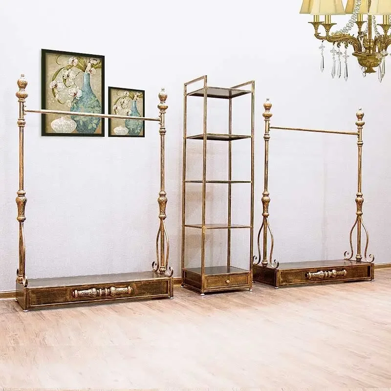 

Iron Artwork With Painted FinishEuropean Wrought Iron Retro Clothing Rack Floor-to-ceiling Clothing Store Hanger Display Rack Ha