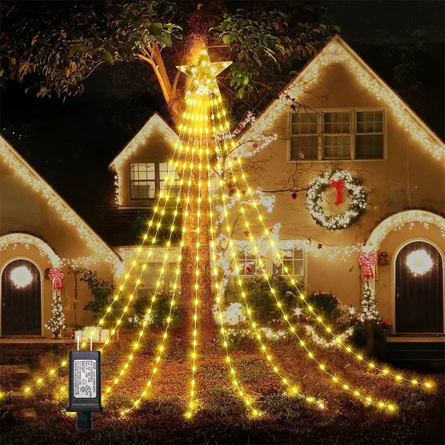 9X3M 288LED Outdoor Christmas Waterfall Star String Light Lighted Waterfall Tree Hanging String Light Topper Star Fairy Light