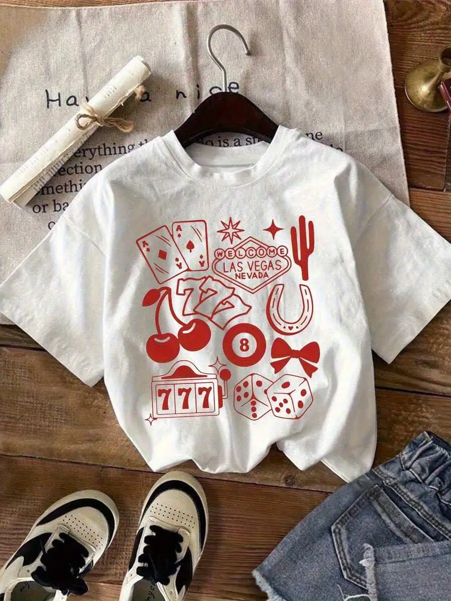 

Womens White Vegas Theme T-Shirt With Poker Cards Dice Cherries Slot Machine Print Round Neck Short Sleeve Summer Top
