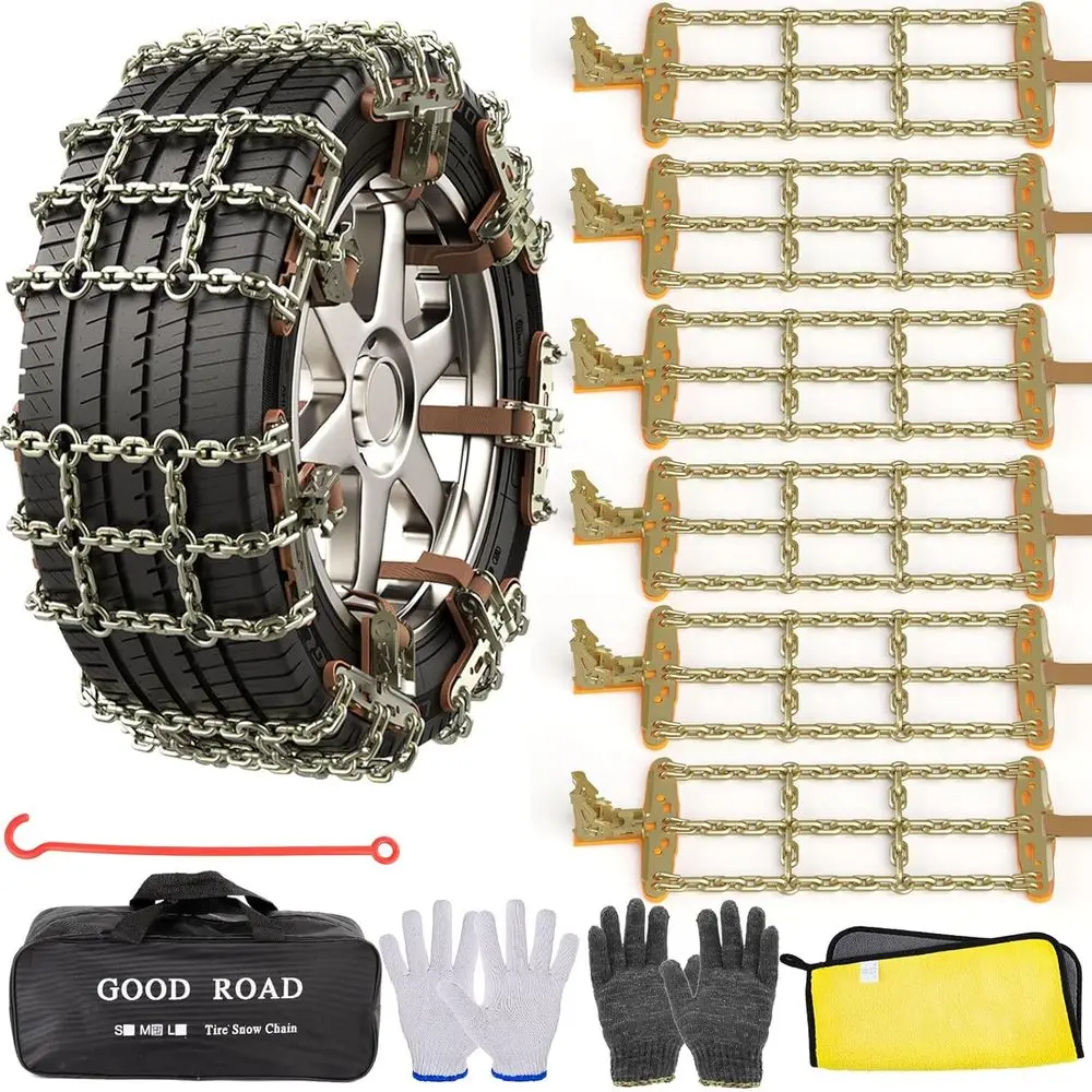 

Thick Manganese Steel Snow Chains for Cars, Trucks, SUVs - 6 Packs, Fits 195-235mm Tires, Ideal for Ice, Sand, Mud