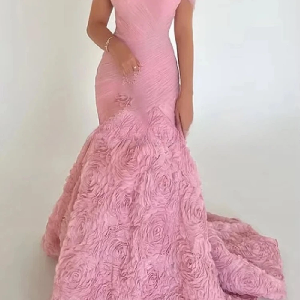 

Fashion Evening Dress for Women Off The Shoulder Pleat Flower Mermaid Evening Gowns Floor Length Formal Party Dress Customized