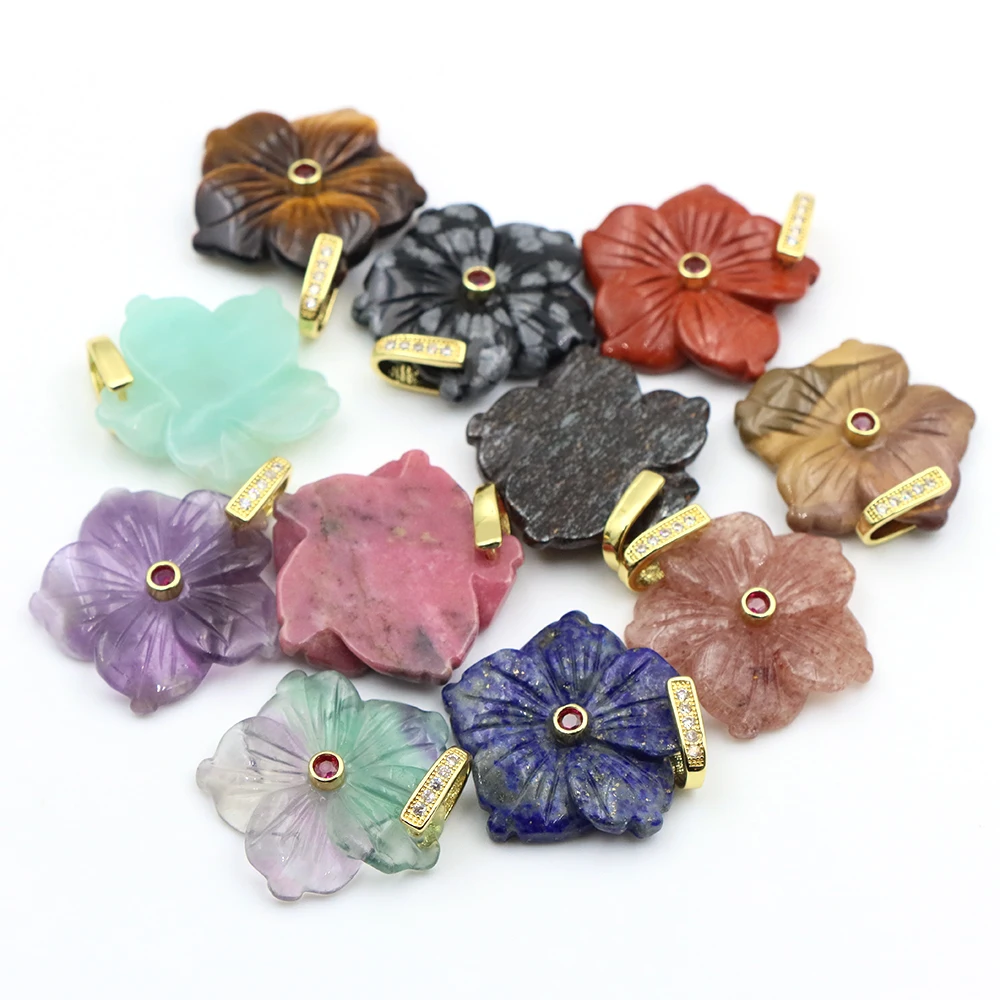 28mm Natural Stone 5-Petal Flower Pendant with Red Zircon Handmade DIY Jewelry Making Supplies for Necklace Elegant Charm Crafts