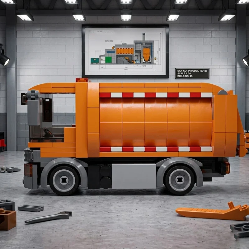 340PCS Orange Garbage Truck Model MOC Building Bricks City Car Modular Technology Assemble Toys Suit Holiday Gifts Display QWERT