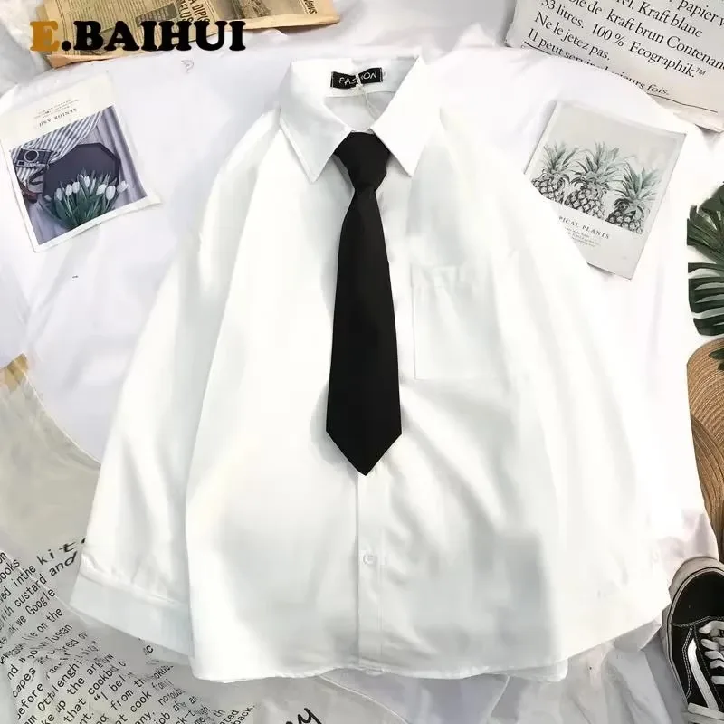 EBAIHUI Men\'s White Shirts with Tie Set DK Uniform Long-sleeved Blouses Japanese Korean Loose Preppy Style Blusas