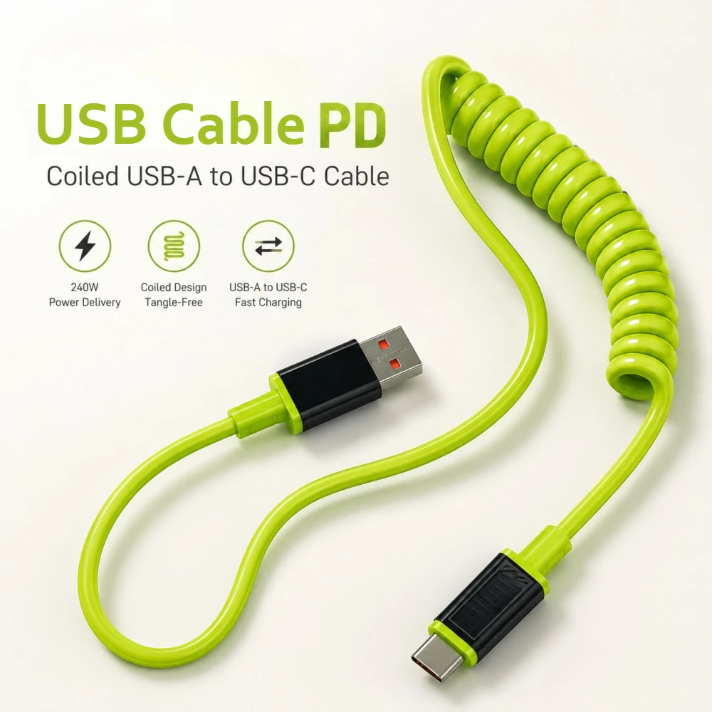 USB Type C To Type C Super Fast Charing Spring Cable USB Type C Phone Data Cord Car Charing Cable for iPhone 17 Xiaomi Huawei