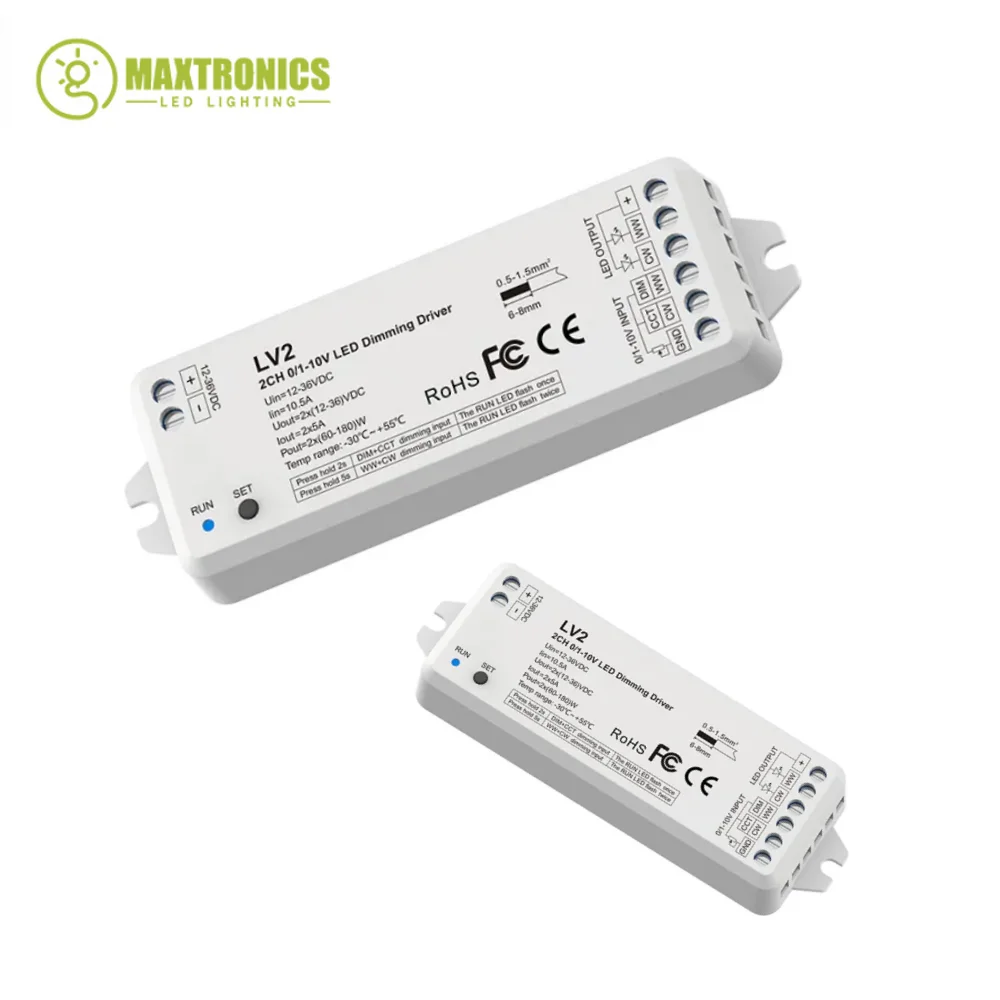 0/1-10V CV LED Dimming Driver PWM Constant Voltage 10A*2CH CCT Dimmer  LV2 For Dual Color Temperature LED Strip Light 12-36VDC