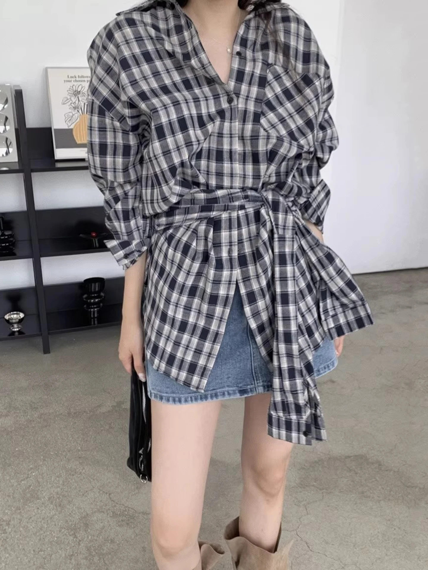 Retro a cuadros con cinturón para mujer, irt, primavera, principios de temporada, corte ajustado, capa Base asimétrica, Color superior, corbata de Colion, diseño de cintura