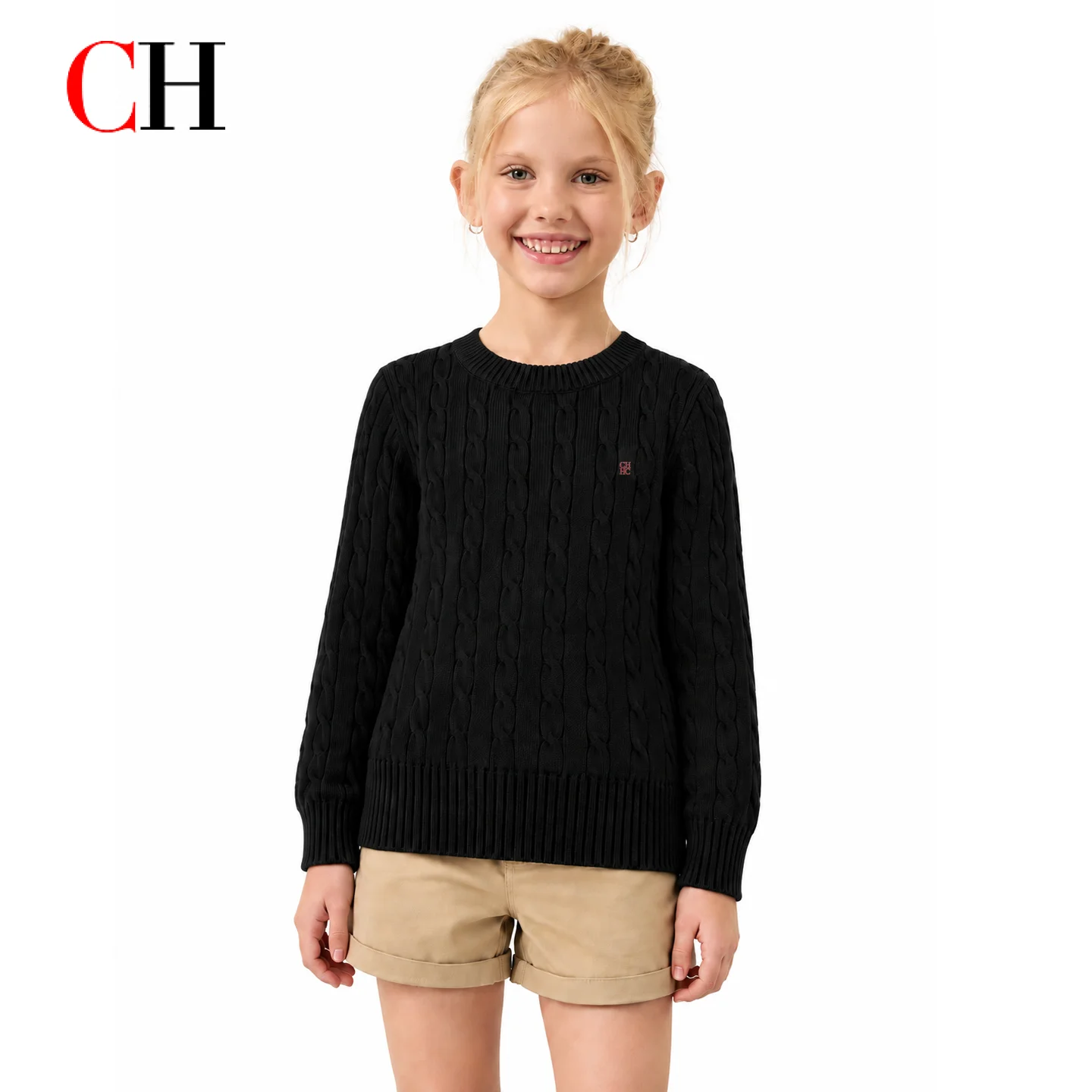 CH Girls Black Cable Knit Sweater Long Sleeve Crew Neck Pullover Casual Kids Winter Jumper Soft Warm Fashion Top