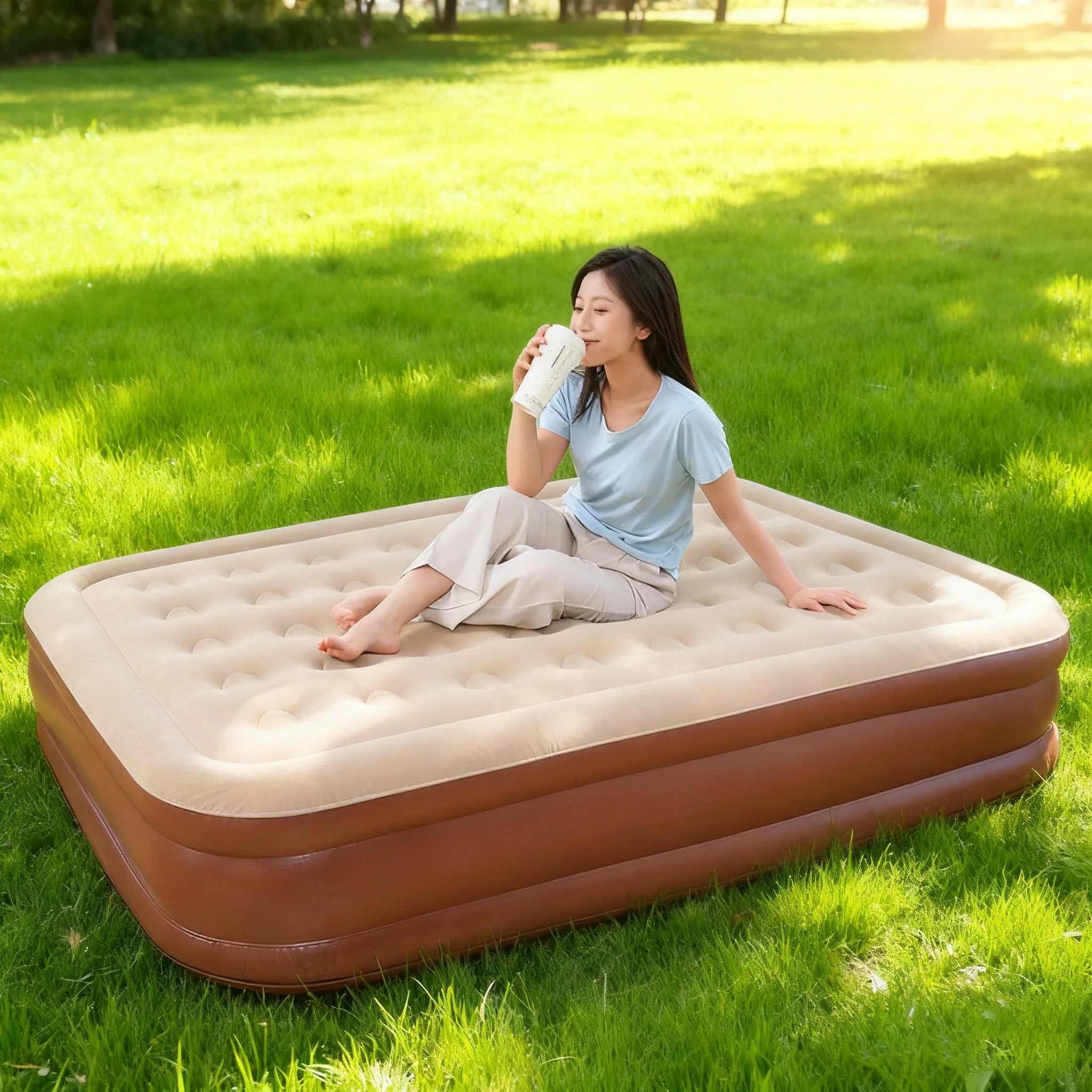 PVC Air Mattress Indoor Air Mattress Camping Pad with Built-in Air Pump Luxury 1-2 Person Camping Mattress Thickened Pad