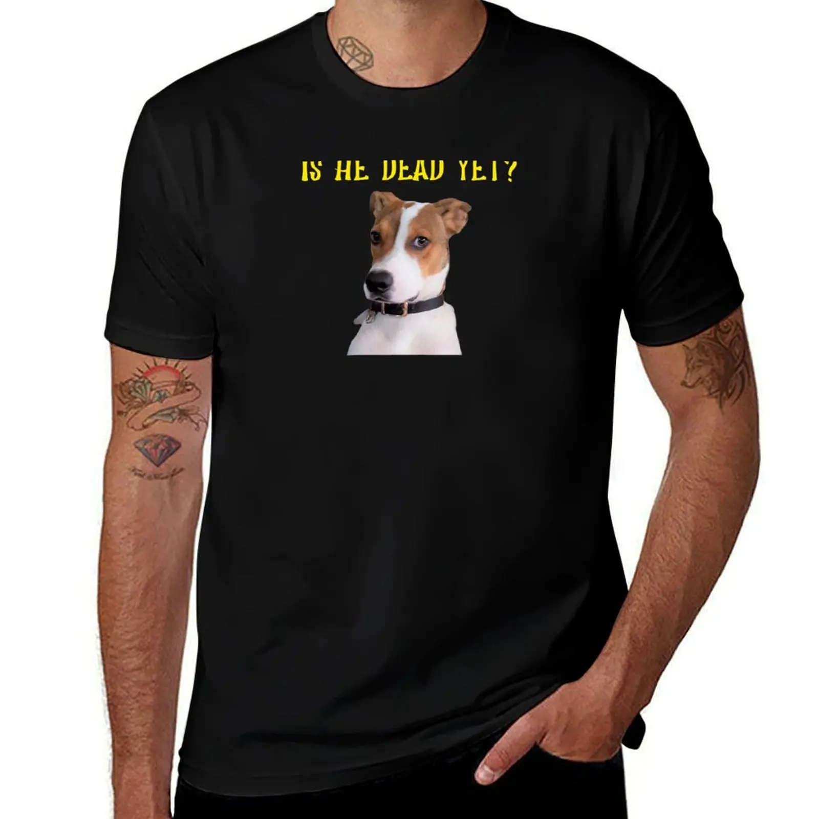 

Is he dead yet Yellow font. T-Shirt anime figures quick-drying man clothes black t shirts for men