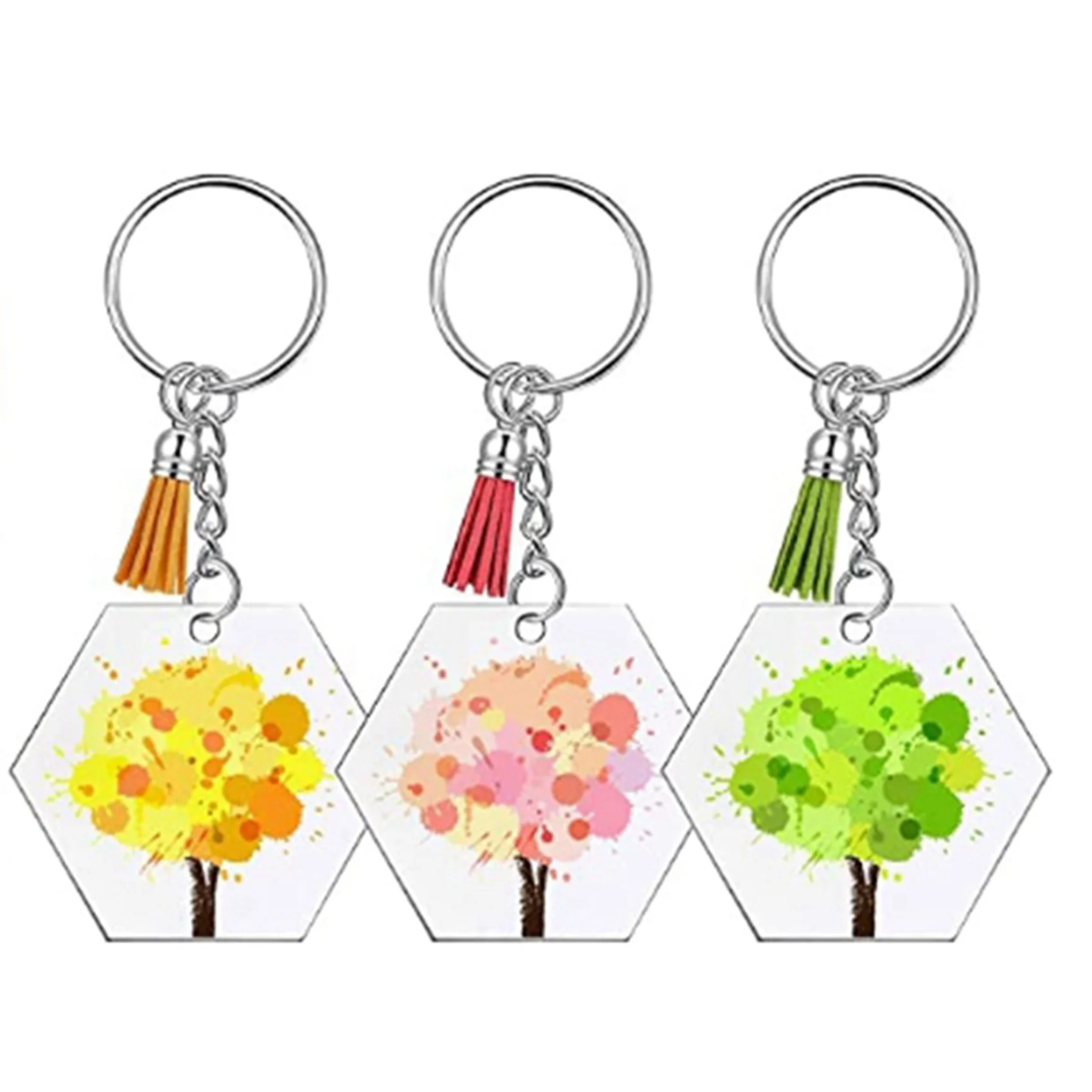 ABFU-288Pcs Acrylic Transparent Discs Hexagon Keychain Blanks Charms And Tassel Pendants Keyring With Chain For DIY Crafts