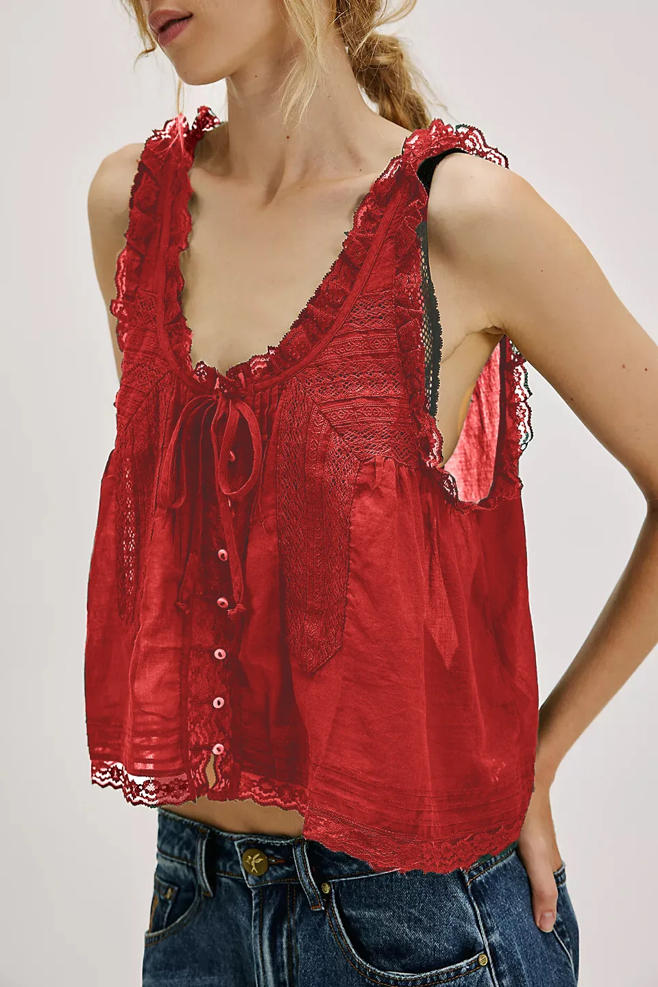AW Women's Summer Y2K Loose Fit Round Neck Vest Sleeveless Button-up Lace Trim Patchwork Outwear Gilet Crop Tank Tops