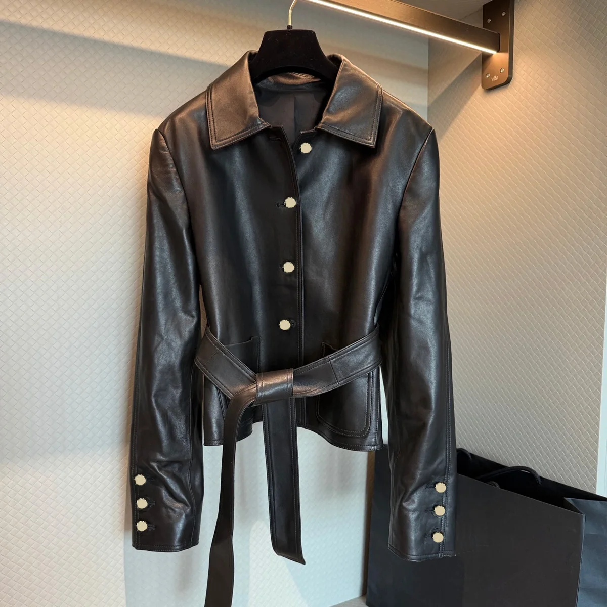 High Quality Women Lapel Short Jacket, Long Sleeve Button Solid Color Outerwear With Waist Belt