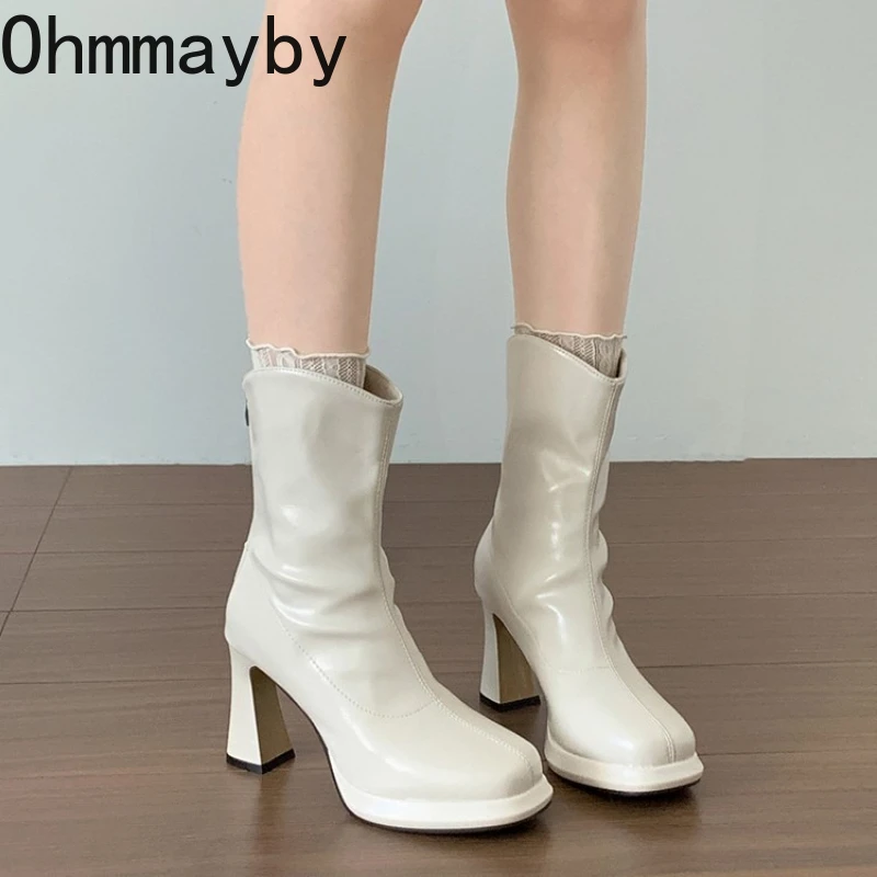 

Зимние женские ботильоны на платформе и толстом каблуке, модная обувь на молнии с квадратным носком, женские эластичные тонкие короткие ботильоны Zapatos De Muje