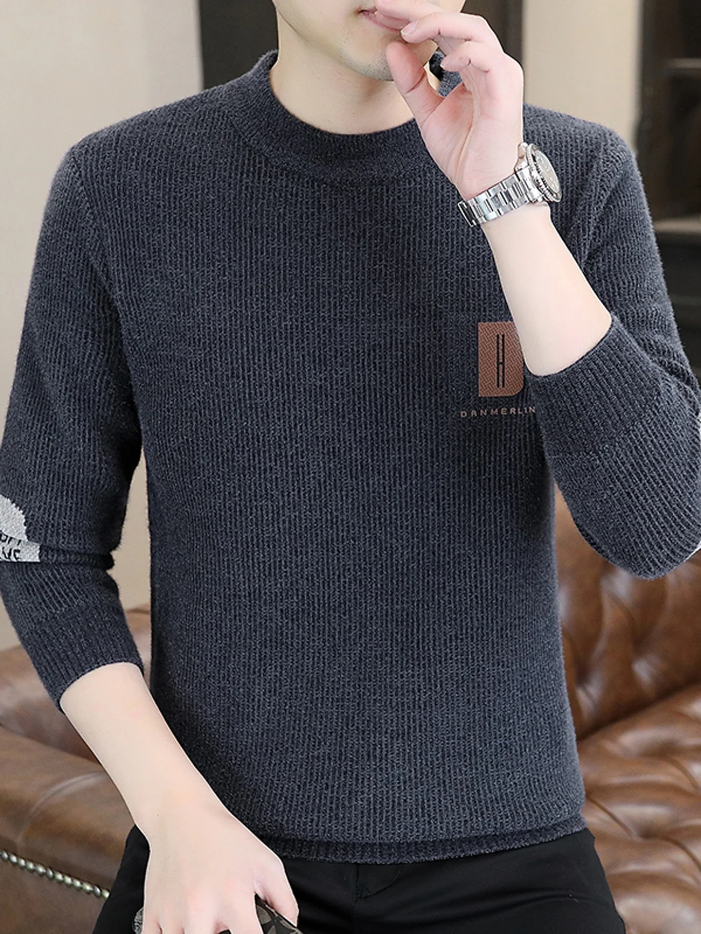 

Новый мужской утепленный вязаный свитер 2025 года с круглым вырезом, модный, морозостойкий, теплый, с цветовыми блоками, базовый, высококачественный, надеваемый через голову