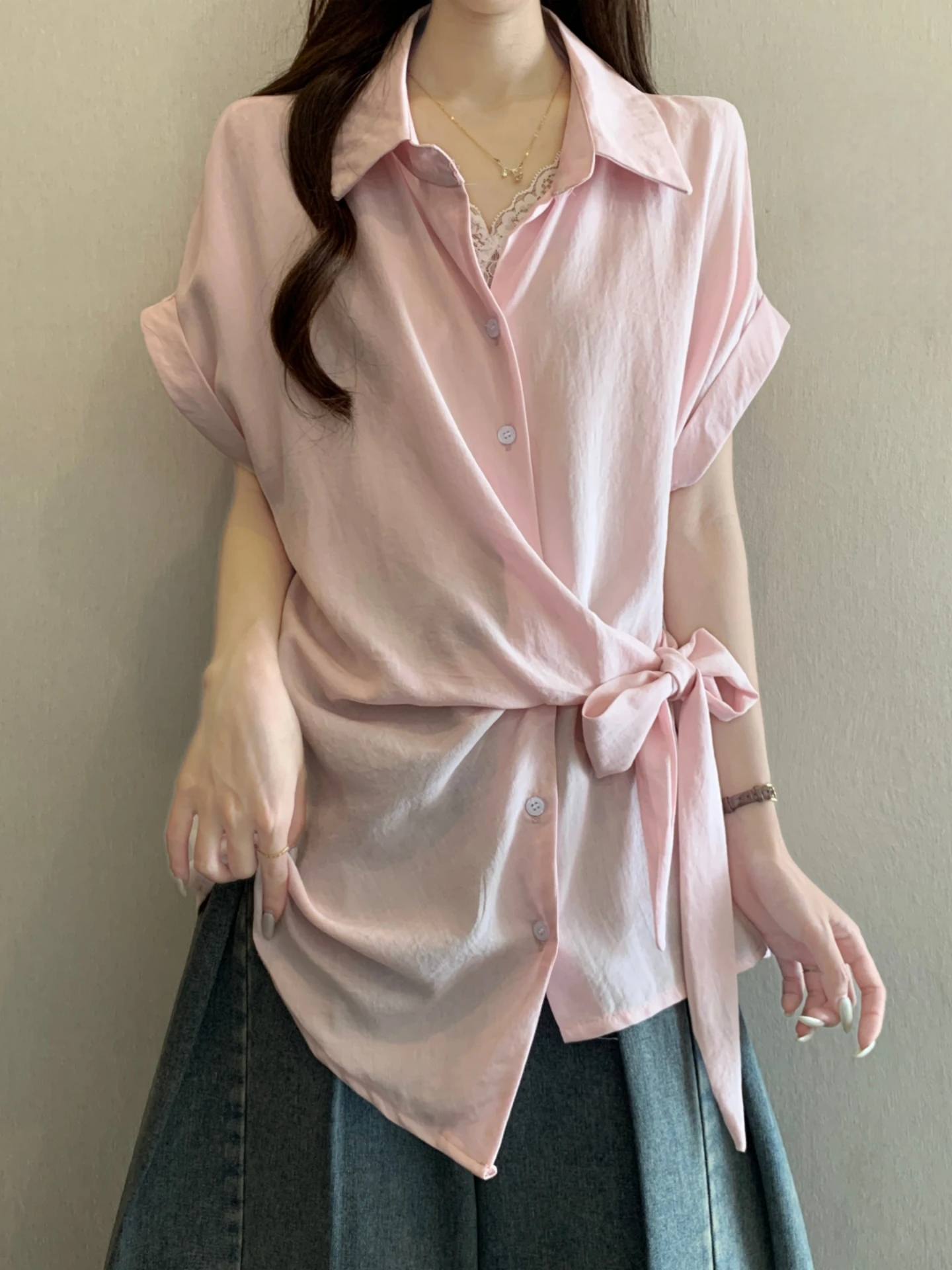 

Pink Lace Splice Short Sleeve Women's Shirt Summer plus Size Slimming Asymmetrical Belted Waist Cinching Base Top