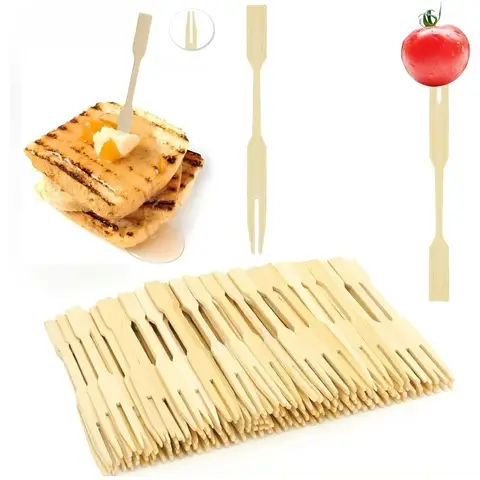 100Pcs mini bamboo forks, 3.5 inches, dessert forks, cocktail forks, double-toothed toothpicks, disposable wooden food skewers.