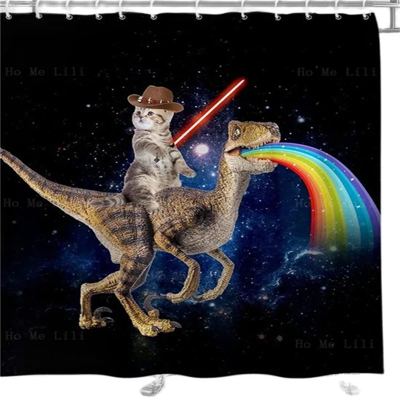 Funny Pirate Cat Themed Riding Dinosaur Shark Whale In Universe Galaxy Rainbow Blue Sea Ocean Animal Hilarious Shower Curtain