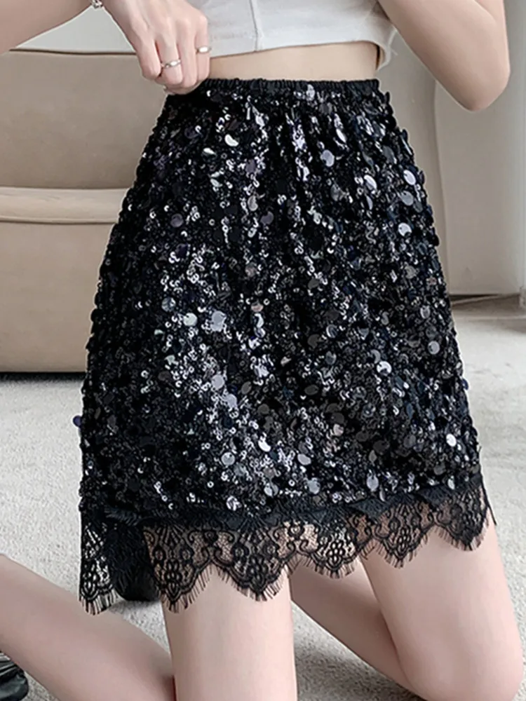 

SMTHMA High End Lace Patchwork Sequin Skirt For Women's Spring Summer Elastic High Waiste Slimming A-Line Short Skirt