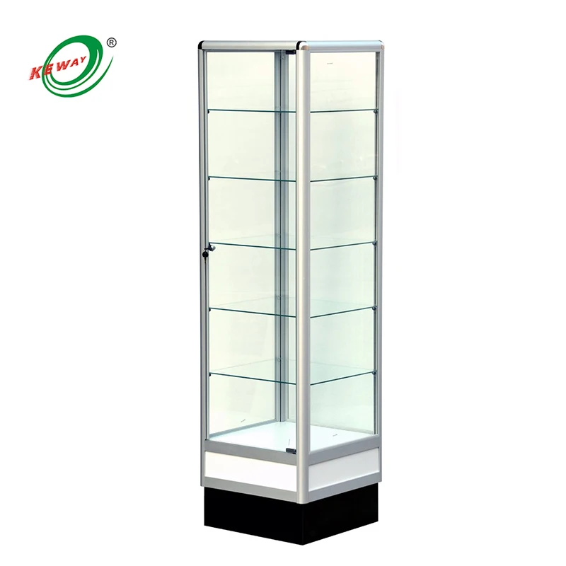 

custom.Economy aluminum frame glass showcase square glass tower display showcase cabinet with lights