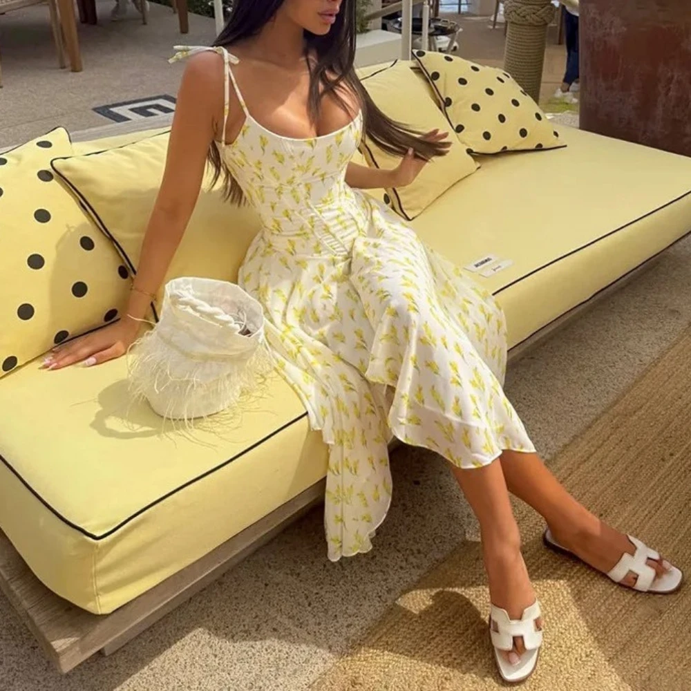 Women Sexy Floral Print Lace Up Camisole Asymmetrical Maxi Dress Low Chest Spaghetti Straps Slim Fit Flare Vacation Long Robe