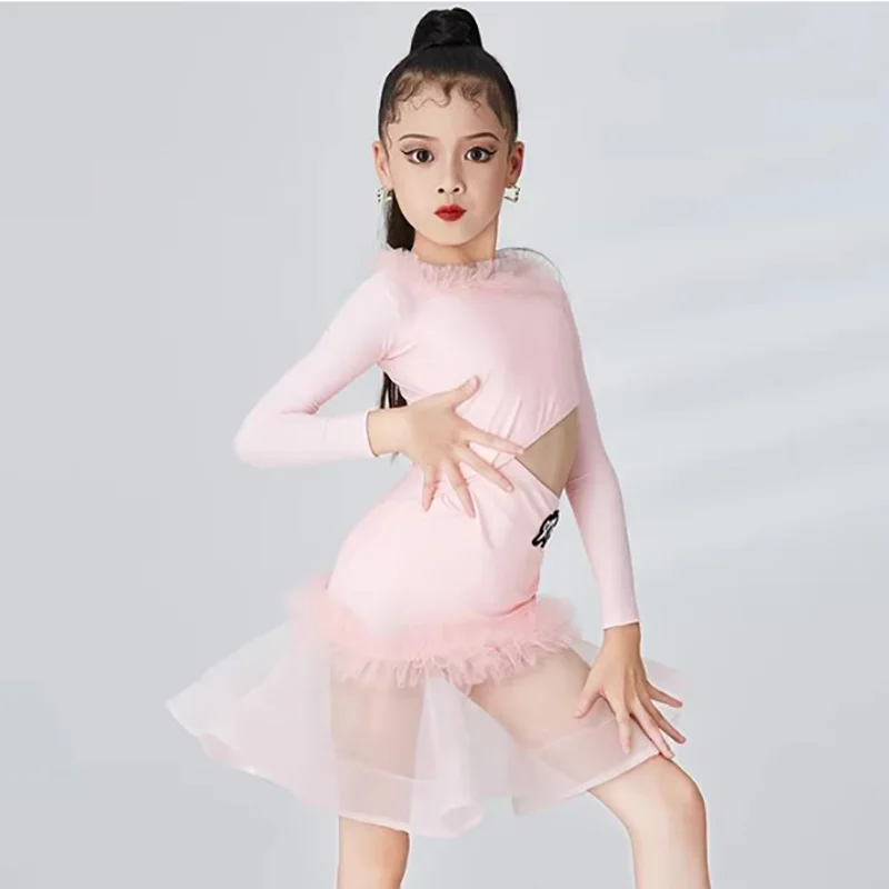 

Детский костюм для современных танцев для девочек: боди с рюшами и сетчатой юбкой с разрезом для вальса, для соревнований, тренировок и выступлений