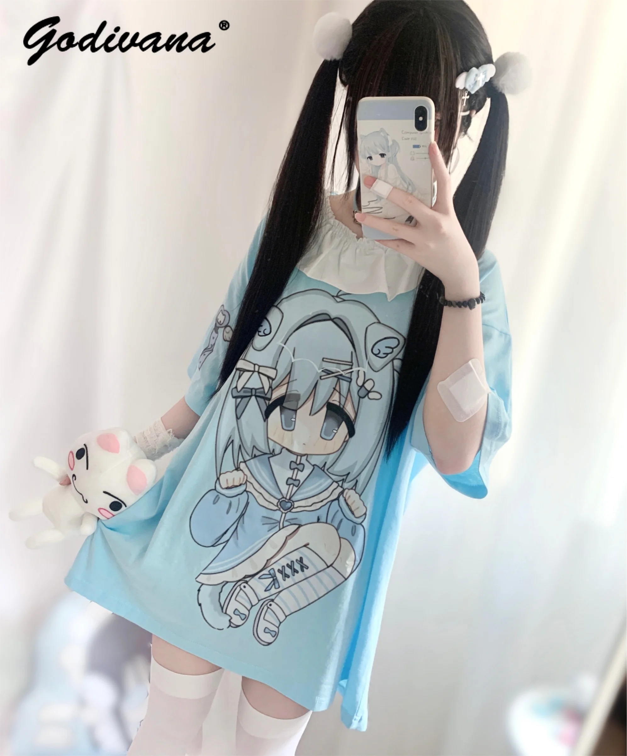 Original Pure Cotton Short-Sleeved Mine Series Mass-Produced Water Color T-shirt Girl Loose Soft Long Tee Printed Y2K Tshirt