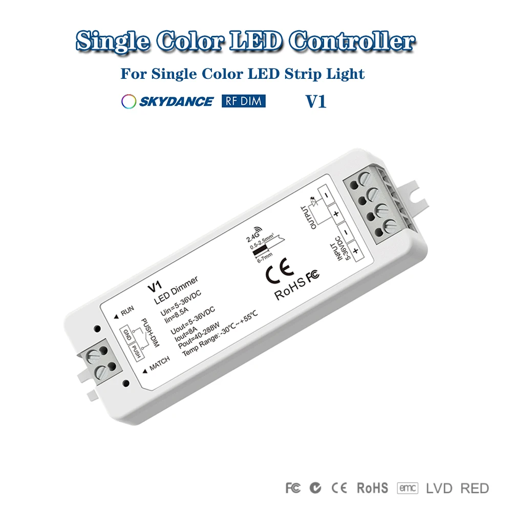 

Skydance V1 DC5-36V RF 2,4 ГГц + Push Dim 0-100% Контроллер затемнения постоянного напряжения для одноцветной светодиодной ленты
