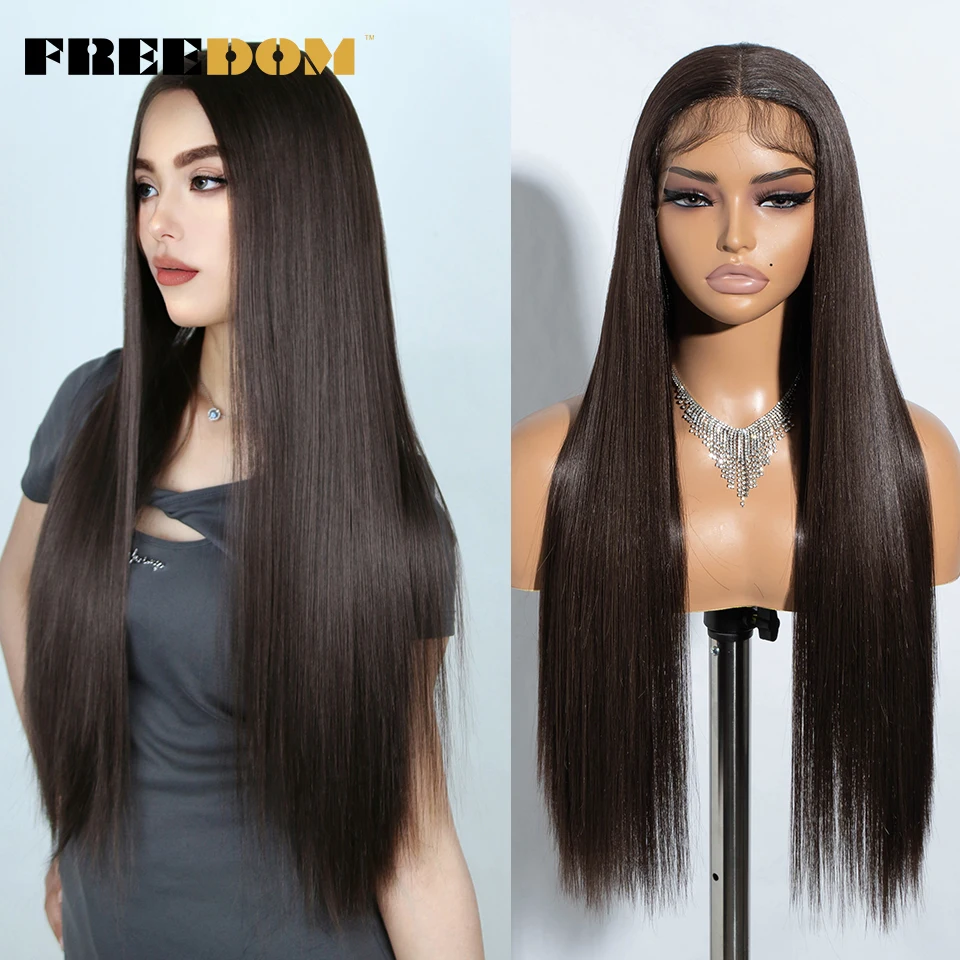 FREEDOM Straight Synthetic Lace Front Wigs For Women 30 Inch Long Ombre Brown Blue Blonde Lace Wig Easy Wear Cosplay Wig