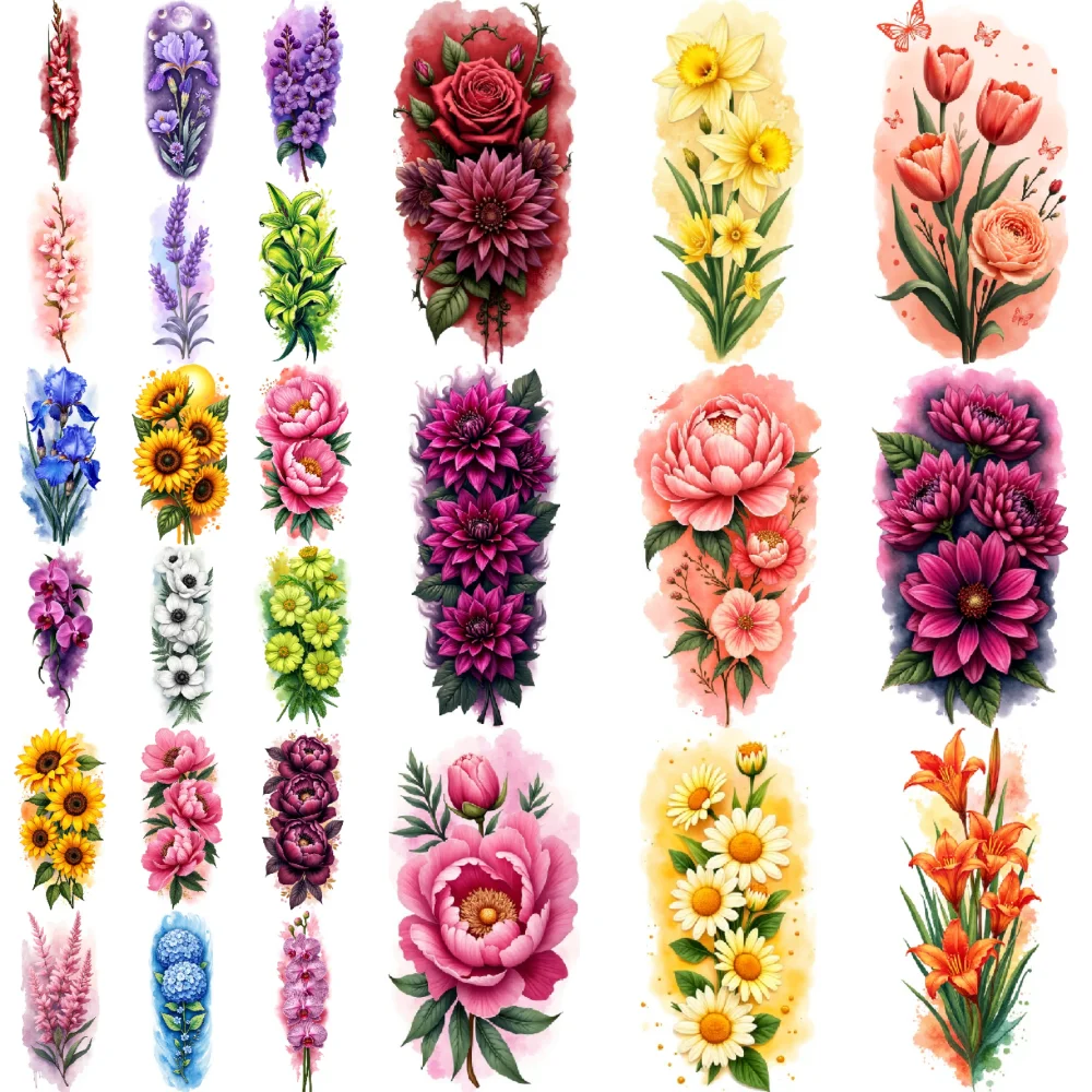 9pcs Temporary Tattoo Orchids Colorful Realism Daisies Hydrangeas Realistic Temporary Tattoos Gladiolus For Shoulders Male
