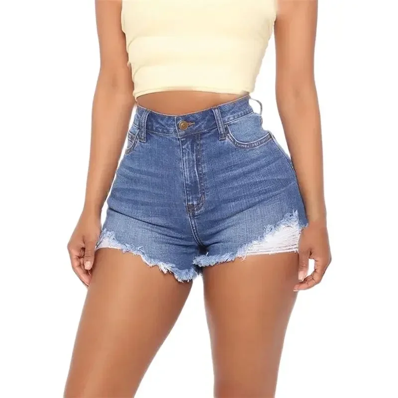 

Women Button Splice High Waist Denim Shorts Fashion Broken Holes Tassel Trouser Leg Three Quarter Pants Female Casual Mini Jeans