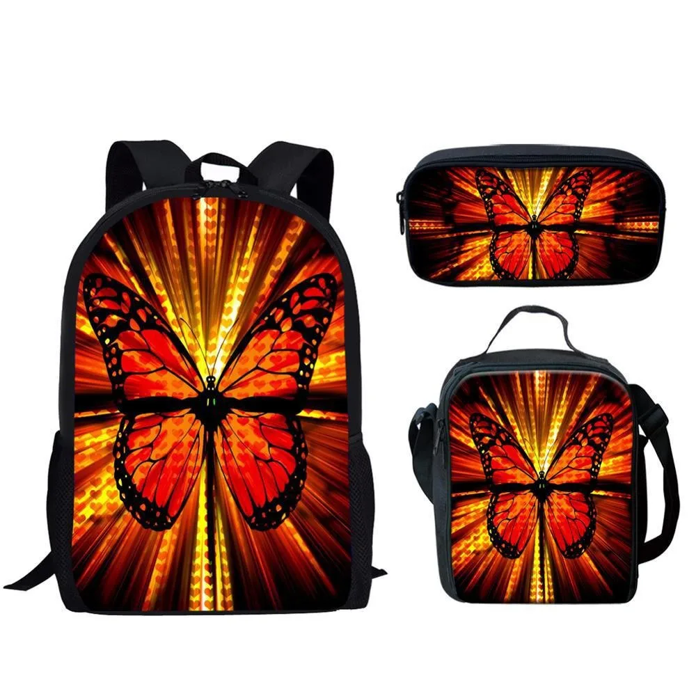 Trendy Popular Novelty Funny butterfly 3D Print 3pcs/Set Student School Bags Laptop Daypack Backpack Lunch bag Pencil Case