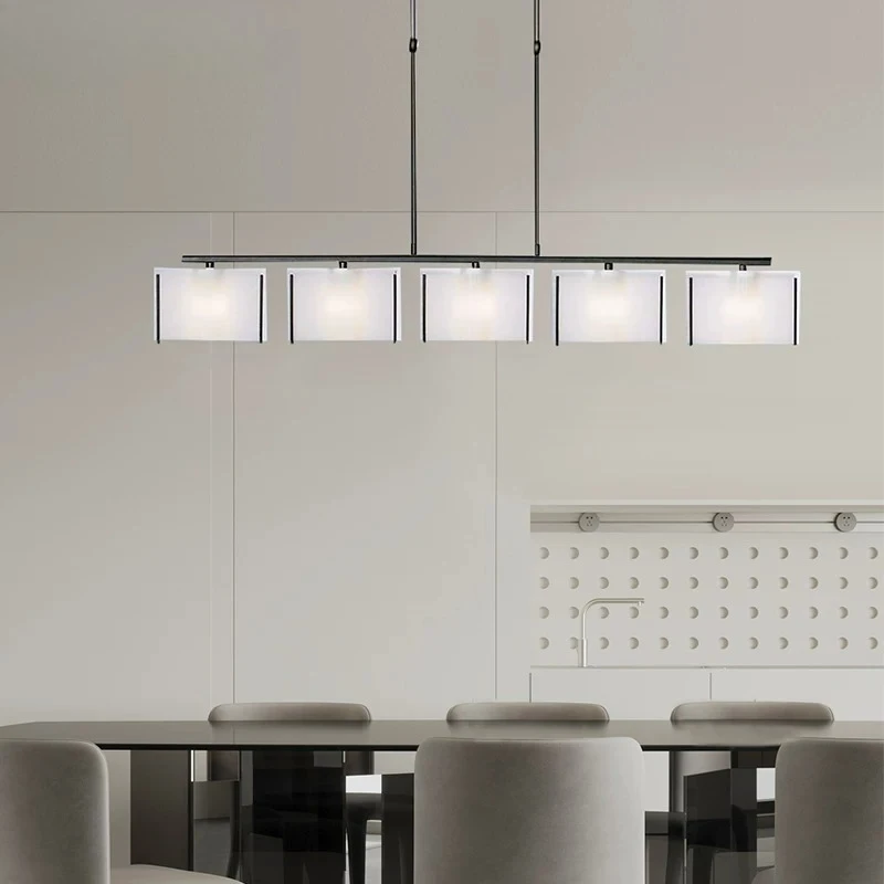 Modern 5 Light Linear Pendant Light with White Fabric Shades Black Metal Frame Chandelier for Dining Room Kitchen Island Bar