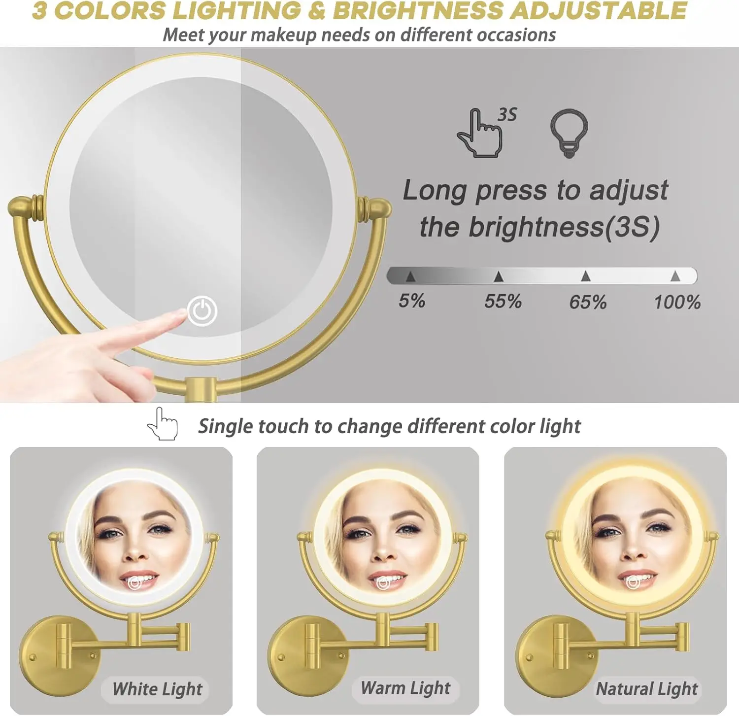 نحى الذهب Led مرايا الحمام جودة النحاس 10X مكبرة مرآة لوضع مساحيق التجميل المزدوج الذراع تمديد الذهب Led مرايا الحمام القابلة للطي #6